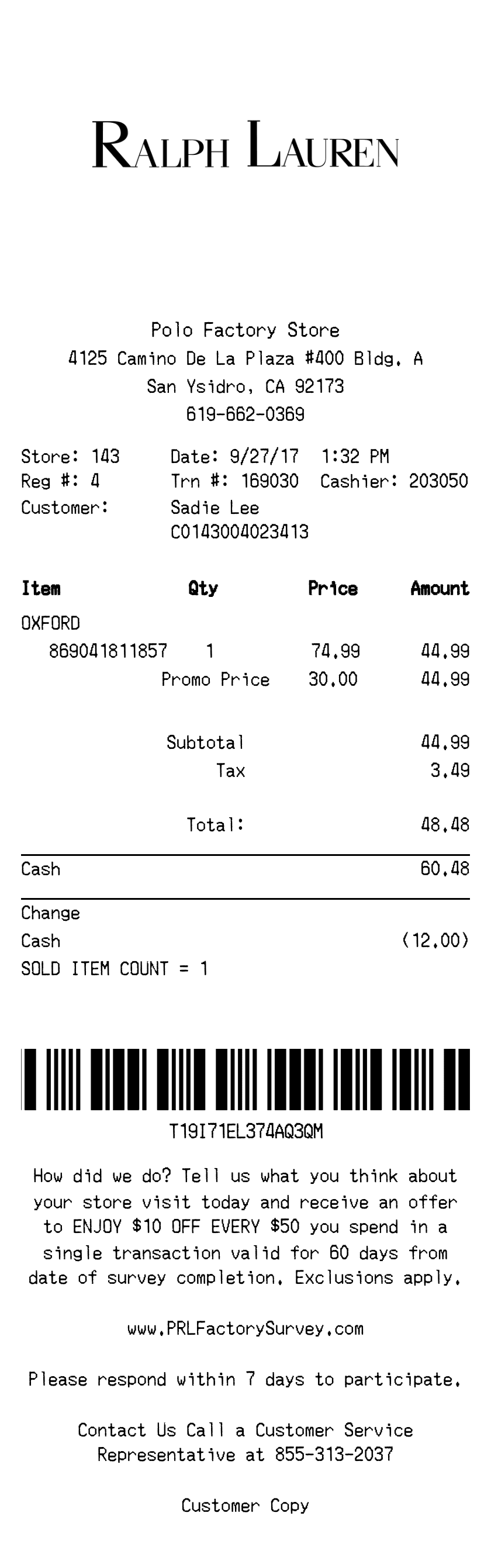 Ralph Lauren Receipt