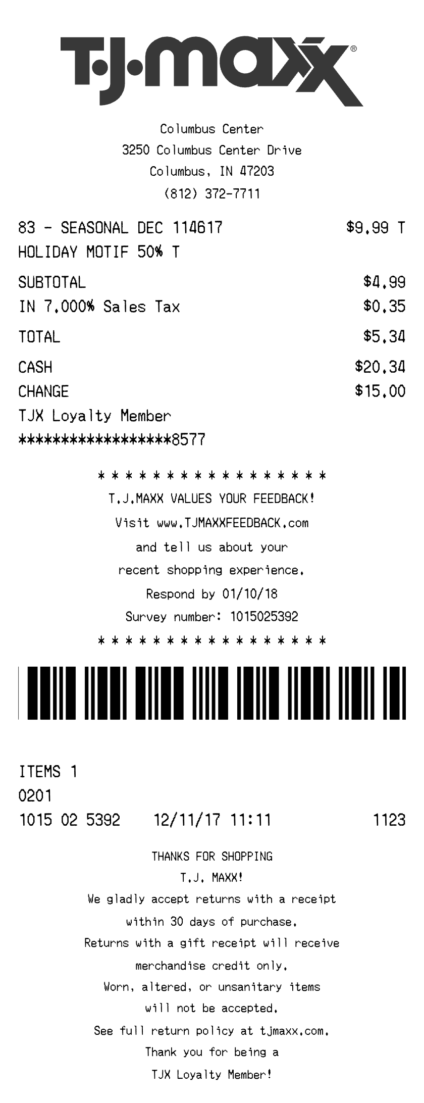 TJ Maxx Receipt