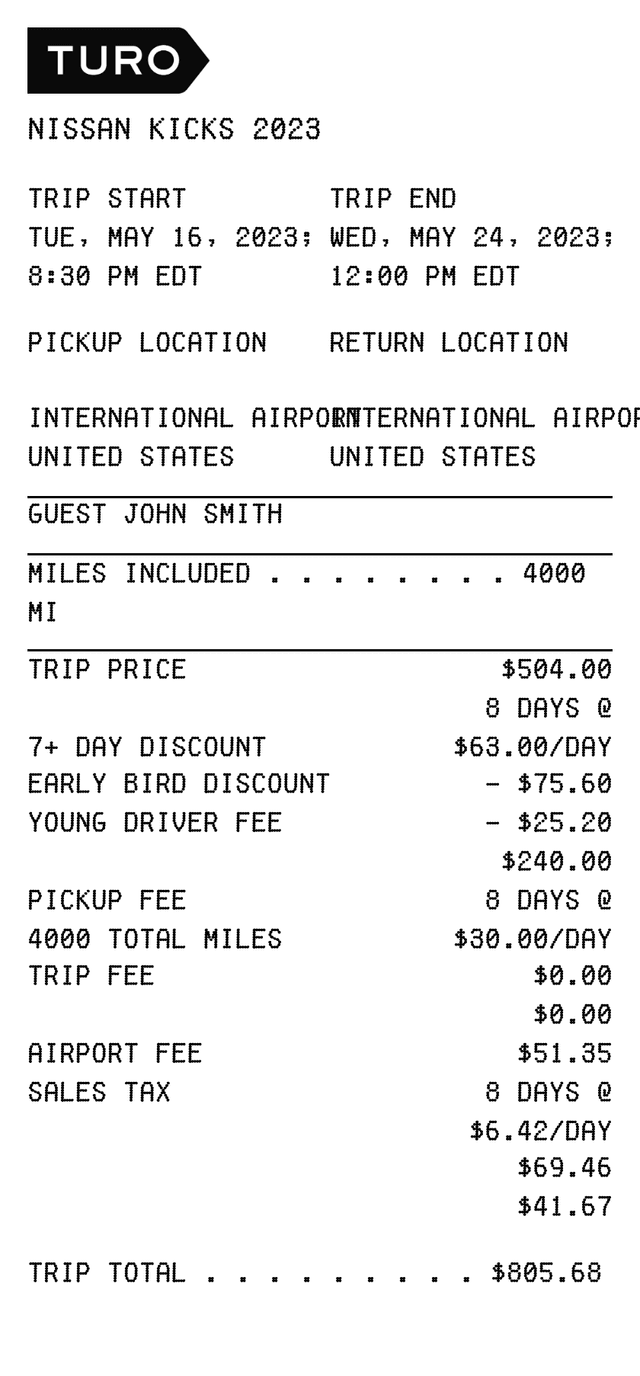Editable Turo Rental Receipt receipt template, AI receipt generator