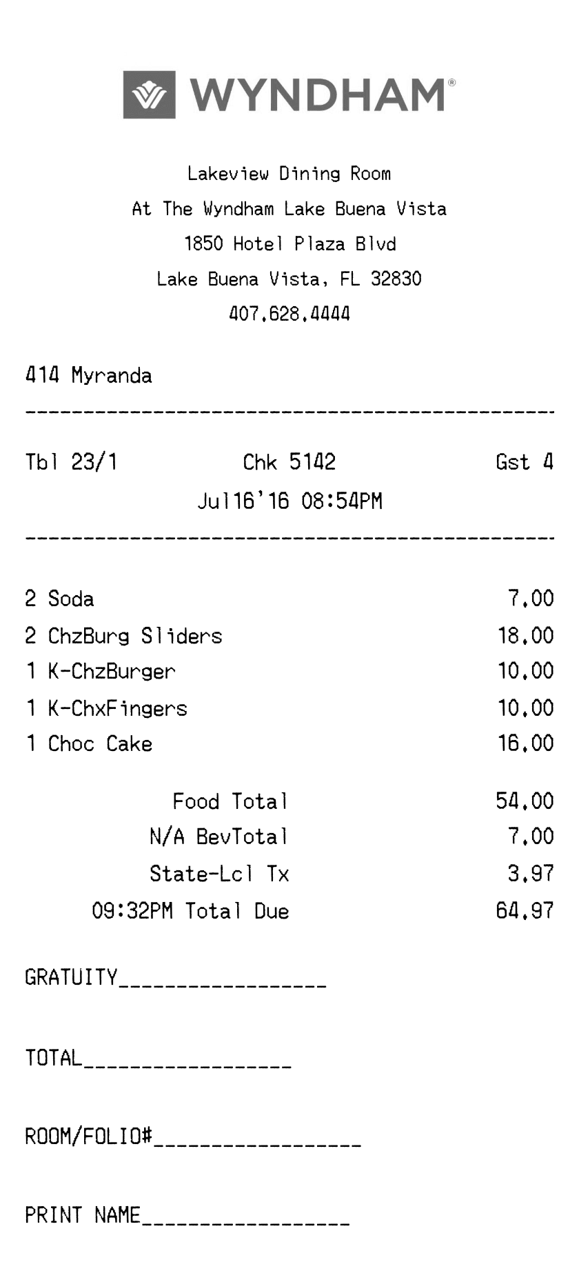 Wyndham Hotel Receipt