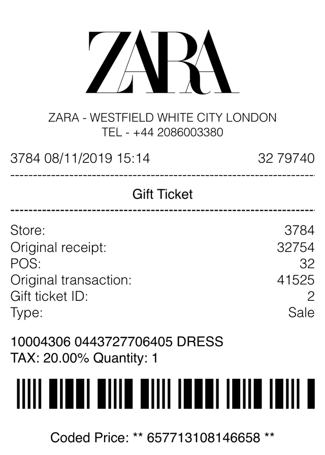 Editable Zara Receipt receipt template, AI receipt generator